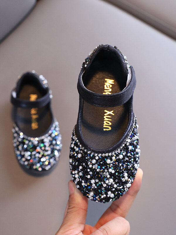 Autumn Girls Rhinestone Leather Shoes 2024 Spring Pearl Bow Princess Shoes Soft Children Baby Toddler Single Shoes G06