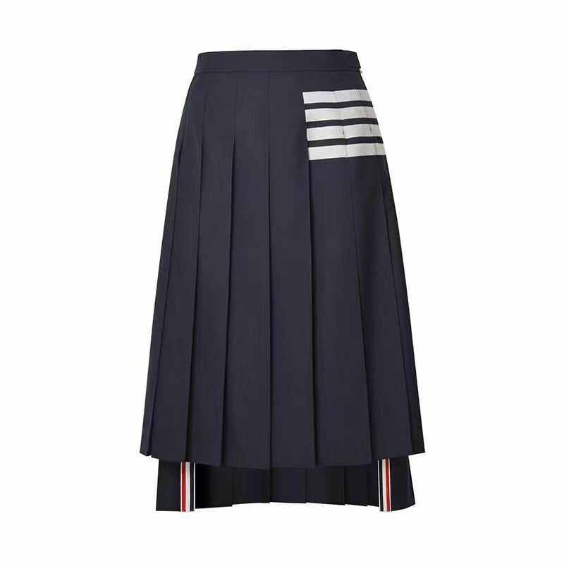Falda de cintura alta para mujer, Falda plisada a rayas con botones y cremallera, longitud media, sencilla y ajustada, 2024