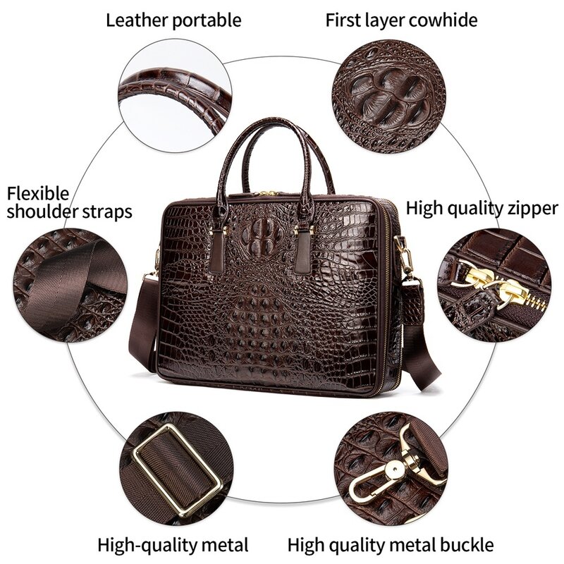 Bolso de cuero genuino con patrón de cocodrilo para hombre, maletín de diseñador de lujo para oficina, bolso para portátil de 14 pulgadas