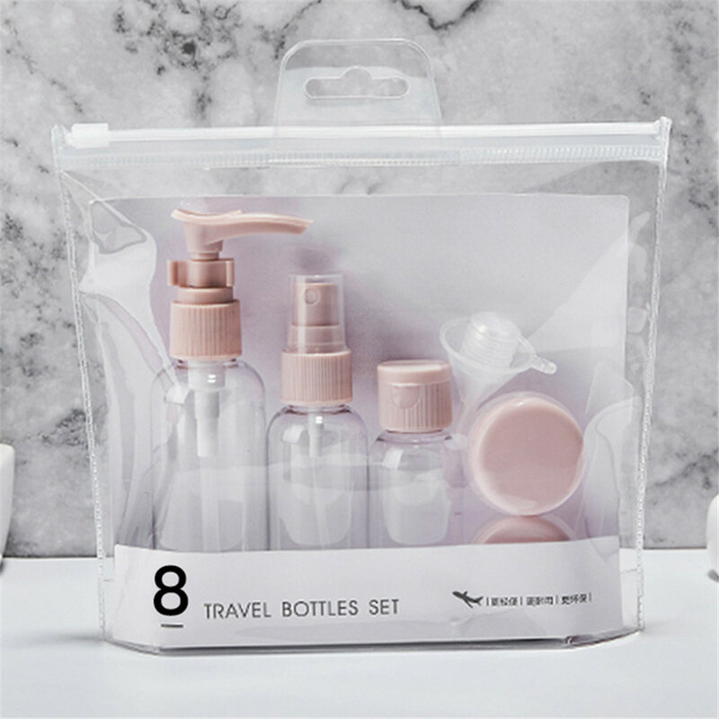 8pcs/Set Travel Refillable Bottle Spray Lotion Shampoo Shower Gel Tube Bottling Cosmetic Empty Liquid Container Portable Tool