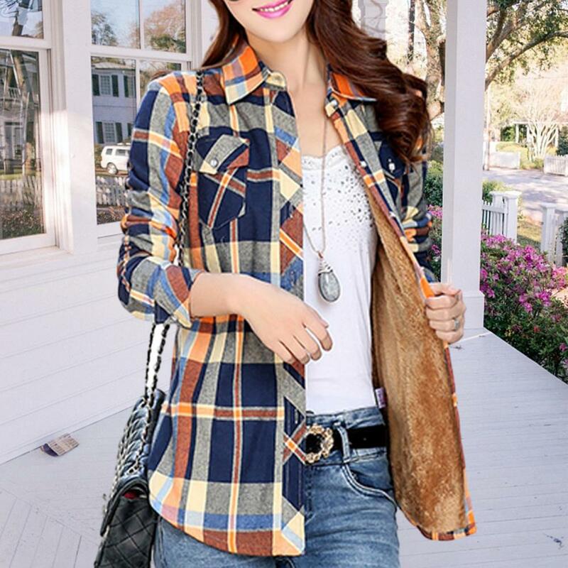 Casaco feminino estilo camisa xadrez, casaco quente com bolsos de lapela, forro grosso de lã, inverno