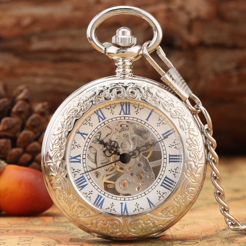 Modne niebieskie cyfry rzymskie tarcza kieszonkowa zegarki ręcznie nawijane srebrne mechaniczne zegarek kieszonkowy okrągły przezroczysta osłona wisiorek prezent