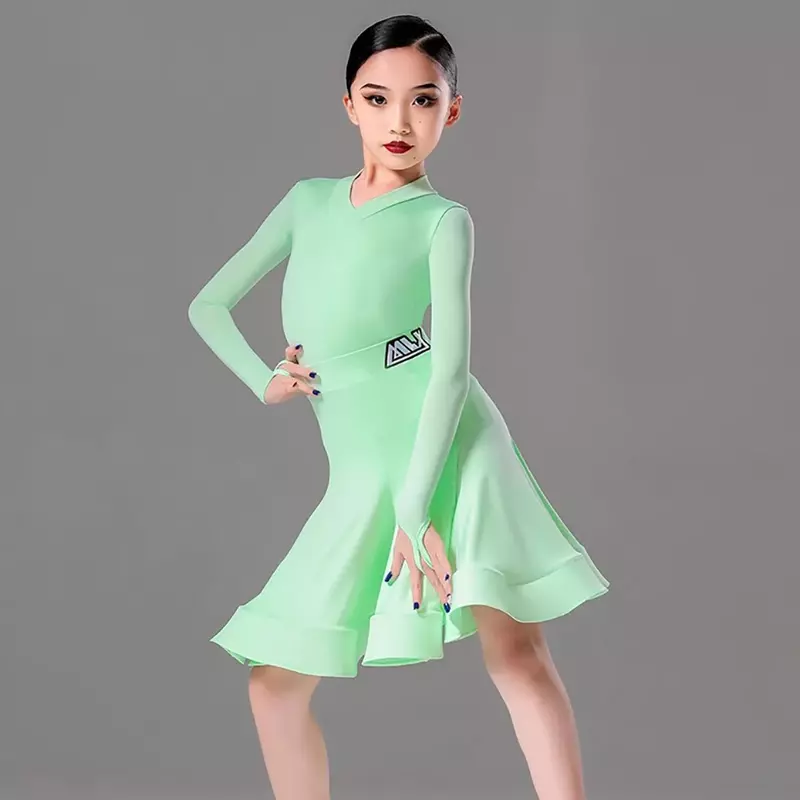 Children Finger Ring Long Sleeve V Neck Design Kids Latin Dance Dress for Girl Dresses Competition Ballroom Dancing Costume