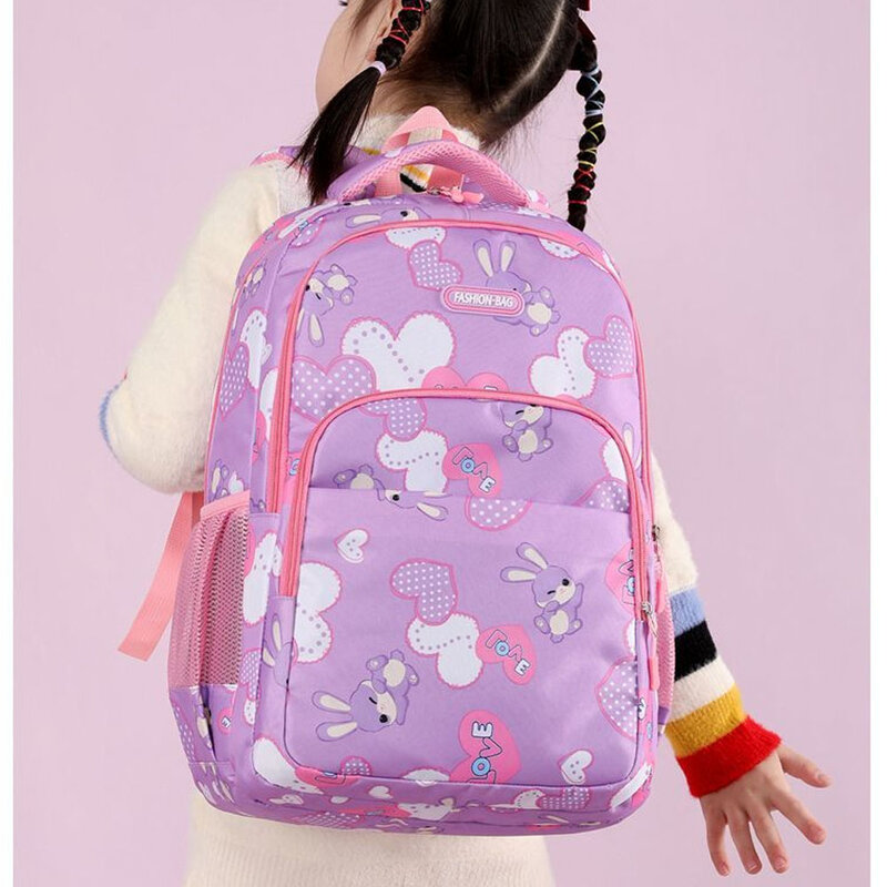 Рюкзак школьный из ткани Оксфорд для девочек, водонепроницаемый удобный и легкий ранец с кроликом, милый мультяшный рисунок, цвет розовый