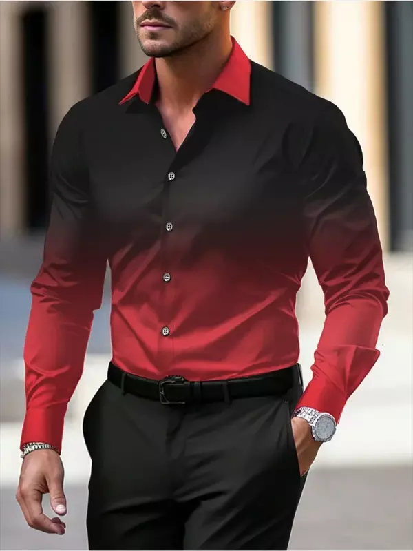 Herren Farbverlauf Langarmhemd Revers Straße Urlaub Druck Kleidung Mode lässig Hawaii Hemd übergroß 6xl