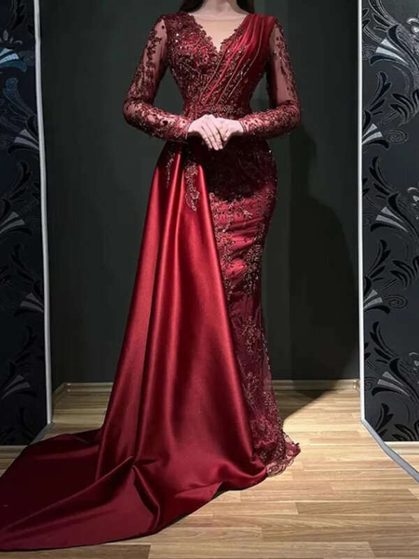Fashion Elegant Beautiful Evening Dresses Exquisite Fashion Applique Sexy Deep V-neck Long Sleeves Slimming Mopping Prom Gowns