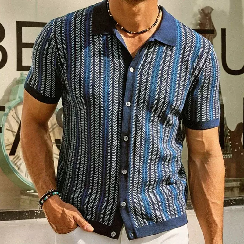 Letnie męskie luksusowe koszule z dzianiny z nadrukiem w paski Pola Neck z krótkim rękawem zapinane na guziki t-shirty dla mężczyzn Vintage dzianina biznesowa