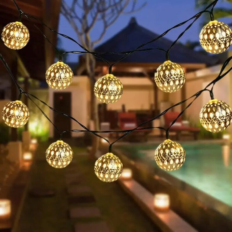 Guirxiété solaire boule marocaine, 100/50 LED, nickel é, globe, lanterne étanche, éclairage décoratif pour la maison, fête de jardin, 12 m, 7m