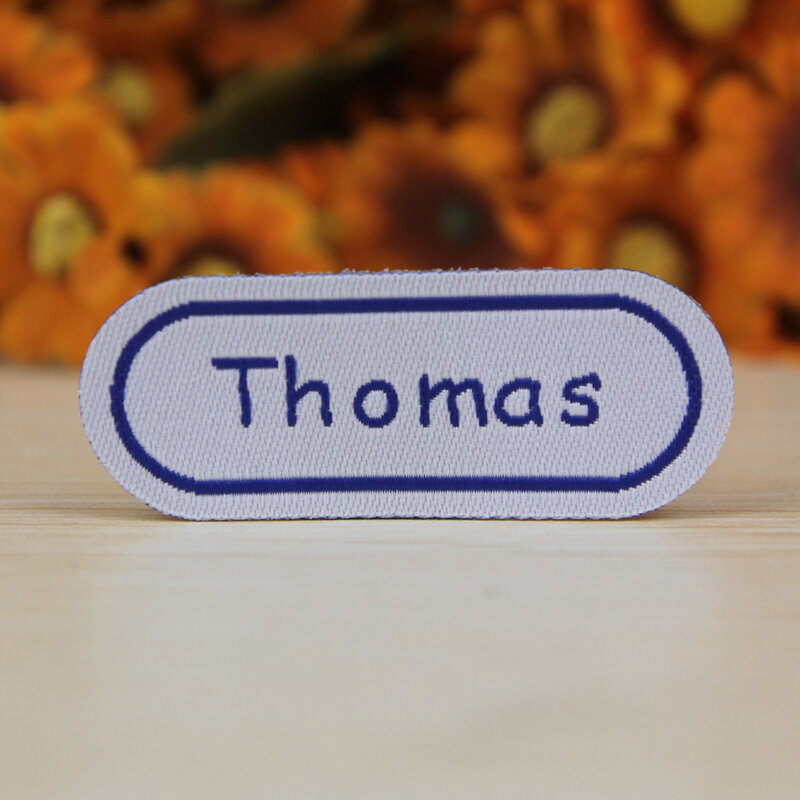 12Pcs 35x18MM Personalized Cotton Name Labels Washable Iron On Tags Sicker Custom Handmade Clothing Fabric Label Sewing Logo