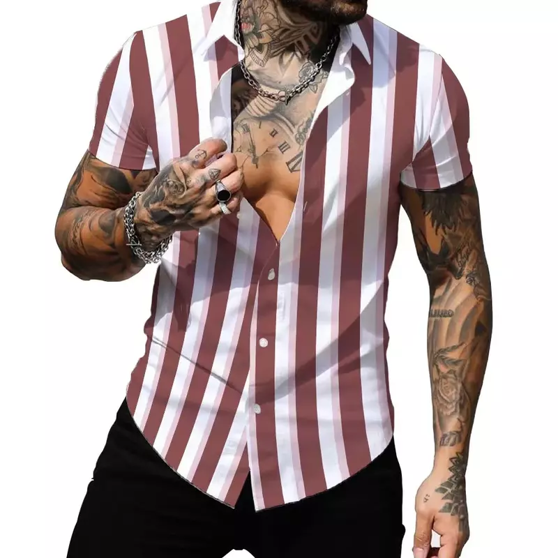 Camisa de Color a rayas para hombre, camiseta informal de manga corta con botones, diseño de diseñador para oficina y fiesta en la calle, 2023