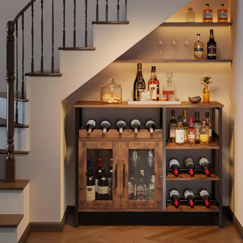 Removível Wine Rack com suporte de vidro, Bar Cabinet, adequado para cozinha e sala