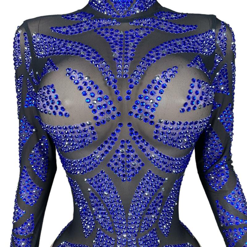 Świecący niebieski strój z kryształu górskiego kobiety seksowna piosenkarka tancerki na występ kostium taneczny jazzowej na scenie ubrana w impreza w klubie nocnym strój Yueya