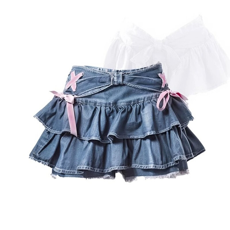 Deptown dżinsowa Mini spódniczka damska marszczona Vintage słodka kokardka kokietka spódnica lato Cutecore niebieska linia Retro krótkie spódniczki