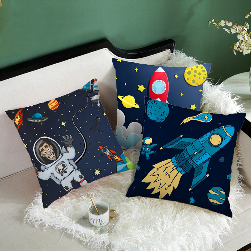 Kartun astronot roket pesawat ruang angkasa Sofa rumah kamar tidur dekorasi sarung bantal Kamar anak-anak tema ruang angkasa penutup bantal