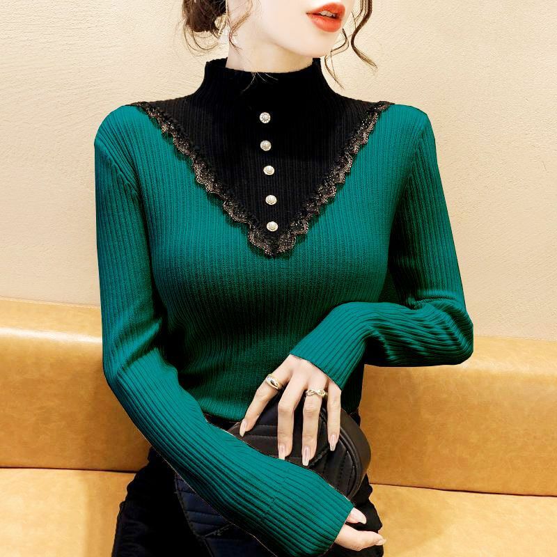 Pullover lavorati a maglia eleganti Vintage da donna Splicing mezzo dolcevita manica lunga autunno inverno Slim Fashion maglioni Casual femminili