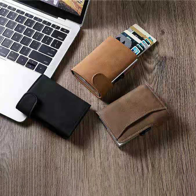 Rfid Smart Wallet ID Credit Card Holder Leather Ultra-thin Business Men Cardbag Automatic Pop-up Anti Theft Brush Metal Card Box