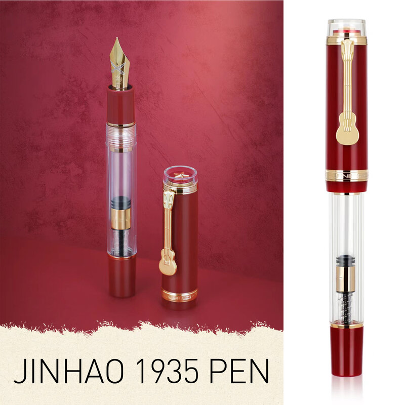 Jinhao 1935 TIANDAO 만년필 고급 기타 클립, F/M 펜촉, 투명 빨간색 쓰기 잉크 펜, 사무실 학교 용품 문구