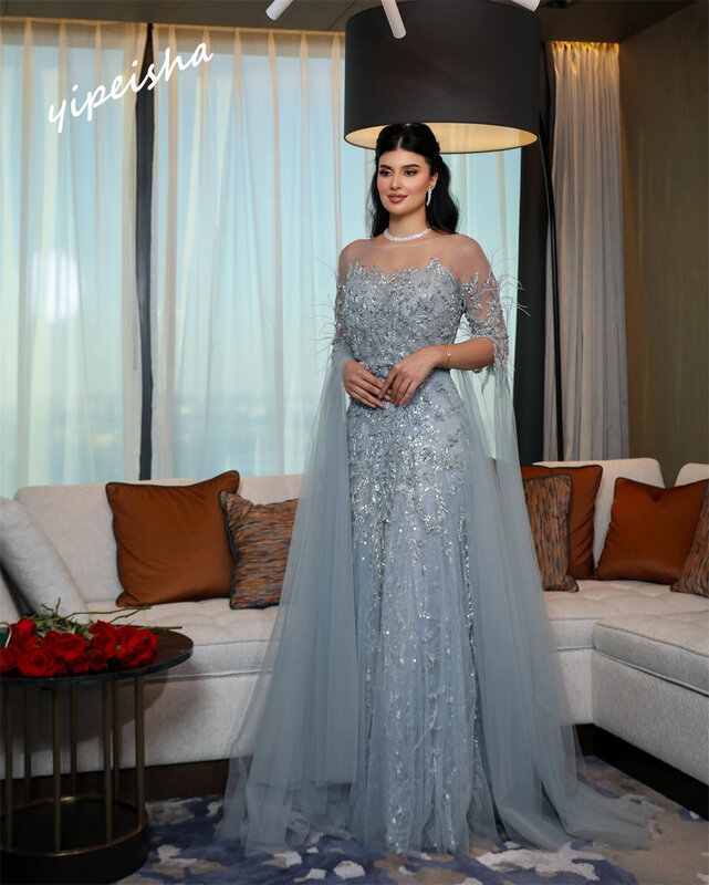 Yipeisha Prom Dress squisito gioiello a-line lunghezza del pavimento abiti piume di paillettes Tulle personalizzato Arabia saudita