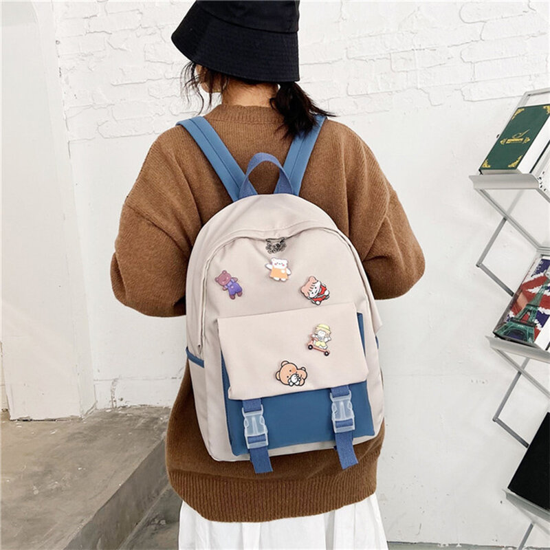 Tas punggung Multi Warna untuk wanita, tas punggung kartun Korea musim panas kanvas kecil ransel berpergian