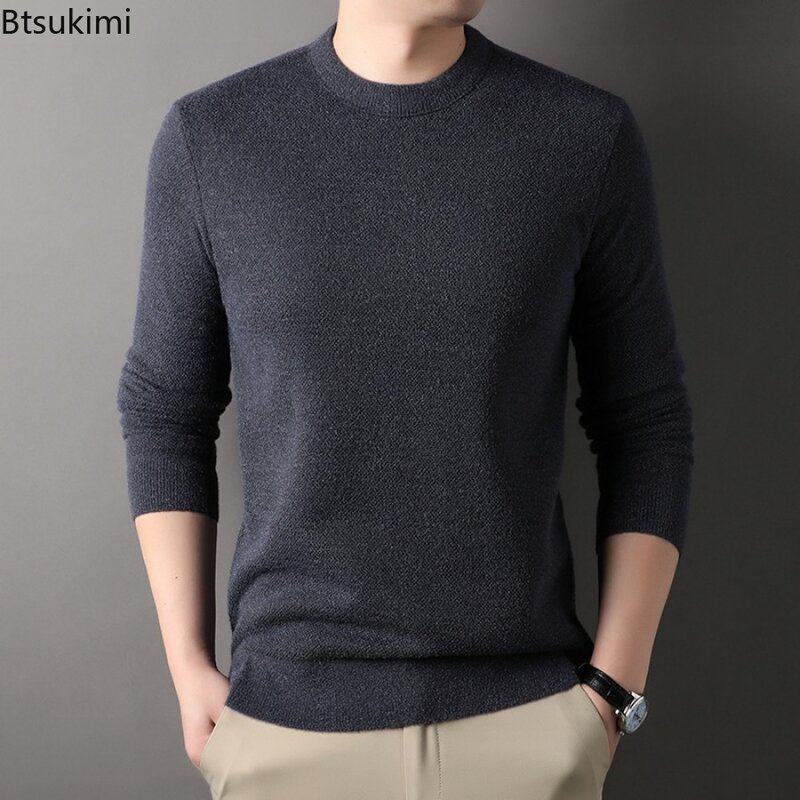 New 2024 Men's Casual Warm Knitted Sweater Pullovers Winter Plush Round Neck Solid Long Sleeve Sweaters Male All Match Sweater