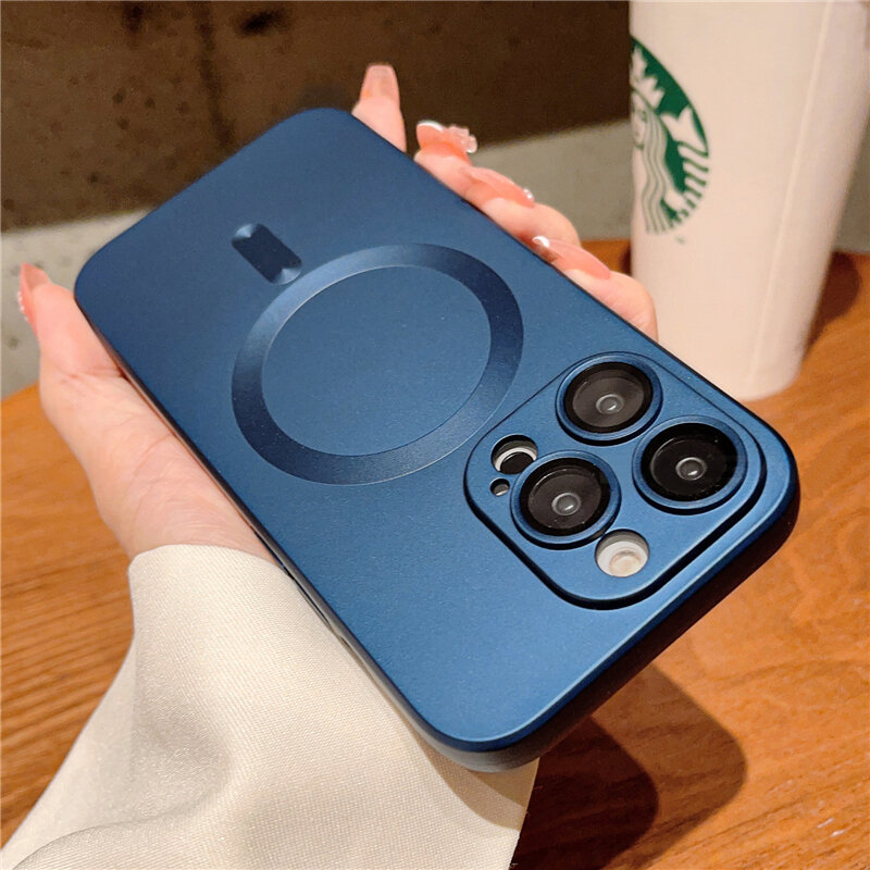 럭셔리 Magsafe 무선 충전 케이스 For iPhone 15 11 13 12 14 Pro Max Plus 자기 전화 케이스 렌즈 보호기 매트 커버