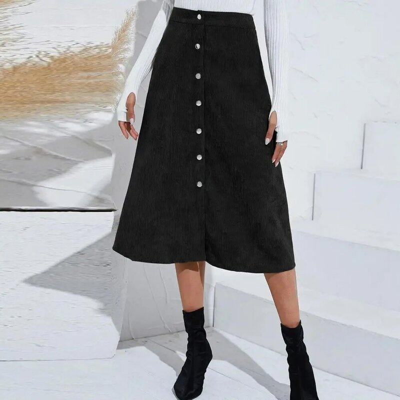 Midi Skirt Single-breasted Office Skirt Solid Color A-line Skirt Skirt Winter Skirt High Waist Corduroy Dress Streetwear faldas