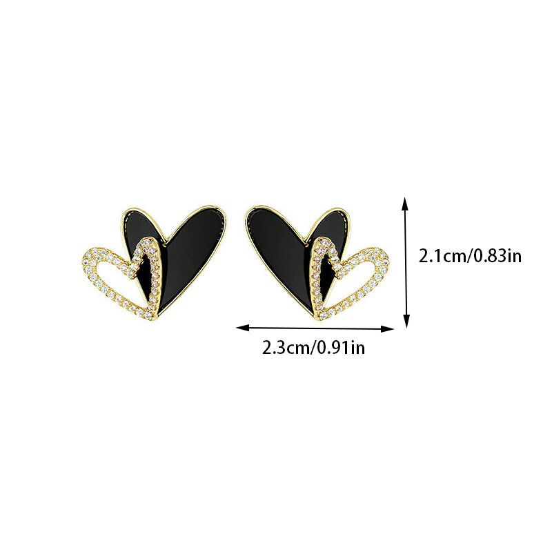 Trend Black Enamel Double Heart Rhinestones Stud Earrings Women Exquisite Geometry Elegant Ear Jewelry Fashion Accessories Gifts