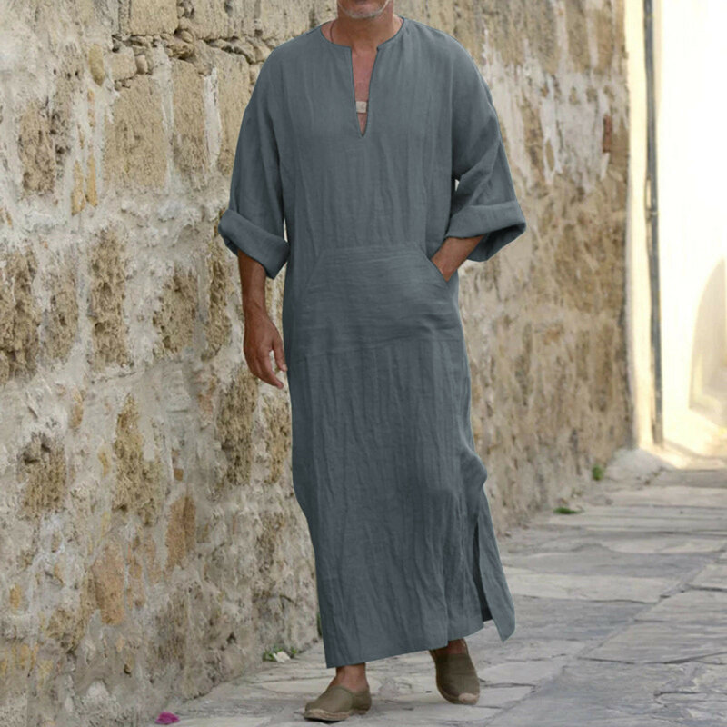 Jubba Thobe caftano da uomo arabo musulmano islamico con scollo a v manica corta tinta unita cotone lino Robes moda musulmana Arabia uomo Abaya