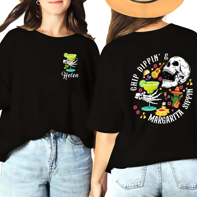 Camiseta estampada de coquetel caveira dos desenhos animados Vintage feminino, Chip Dippin' e Bartita Slogan Tee, camisa feminina elegante, nova