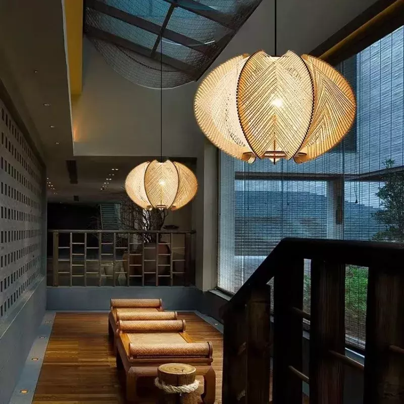 Lampu gantung Jepang Retro baru Cina ruang keluarga restoran Hotel ruang teh Pot panas restoran lampu seni rotan
