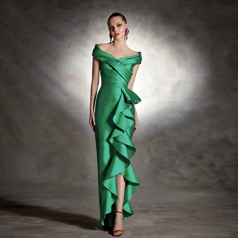 Элегантное зеленое платье для матери невесты, атласные свадебные платья с V-образным вырезом, платье-Русалка длиной до пола с оборками, женское платье для вечеринки