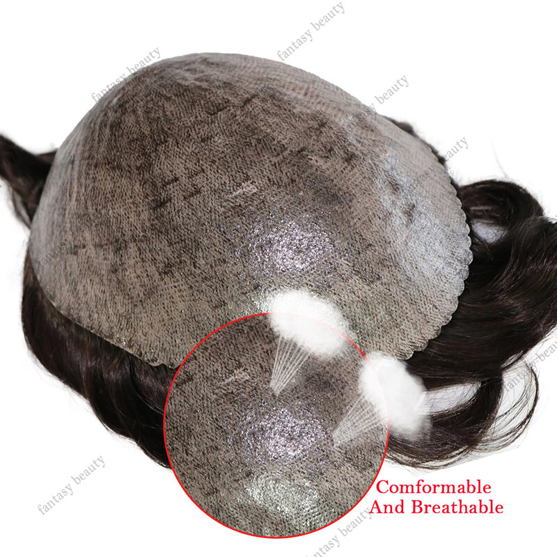 30Mm Gelombang Kulit Mikro Lurus Wig Pria Kulit Tipis Penuh PU Wig Rambut Manusia Kapiler Prostesis Laki-laki Unit Penggantian Sistem