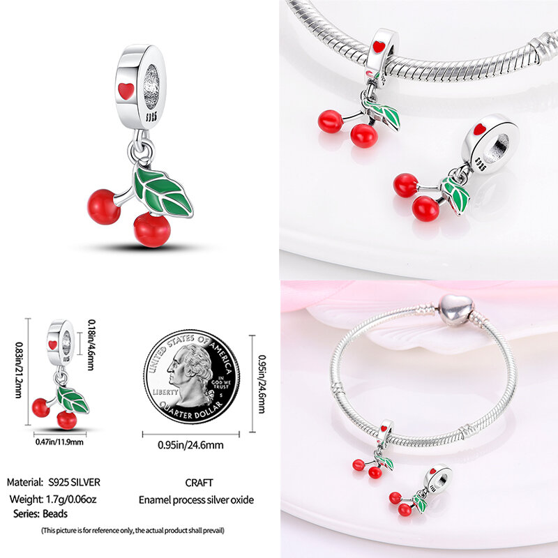 Colgante de plata 925 para mujer, dije de cereza y fresa, compatible con pulsera Pandora original, collar de cuentas, joyería artesanal
