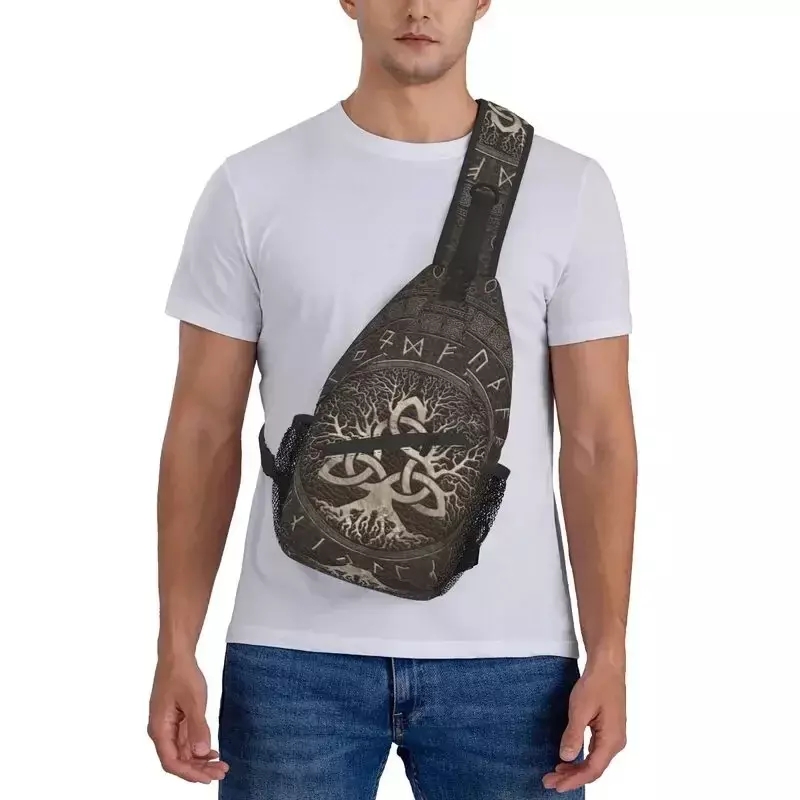 Tree Of Life With Triquetra Brown Leather Crossbody Sling Backpack Men Norse Yggdrasil Shoulder Chest Bags for Hiking