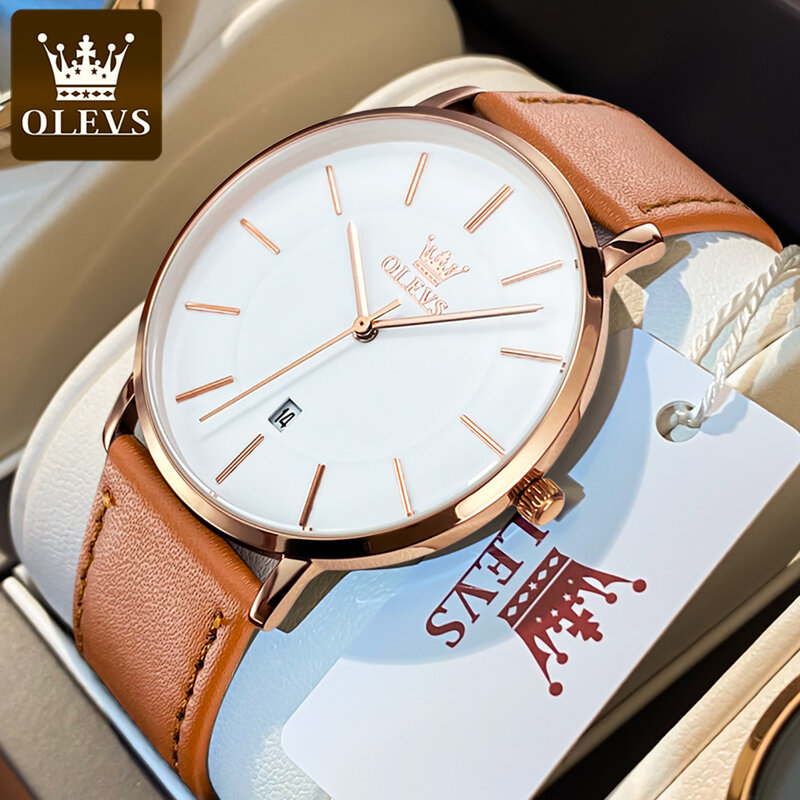 OLEVS Relógio de quartzo ultra fino masculino, pulseira de couro amarelo, calendário impermeável, relógios esportivos, moda