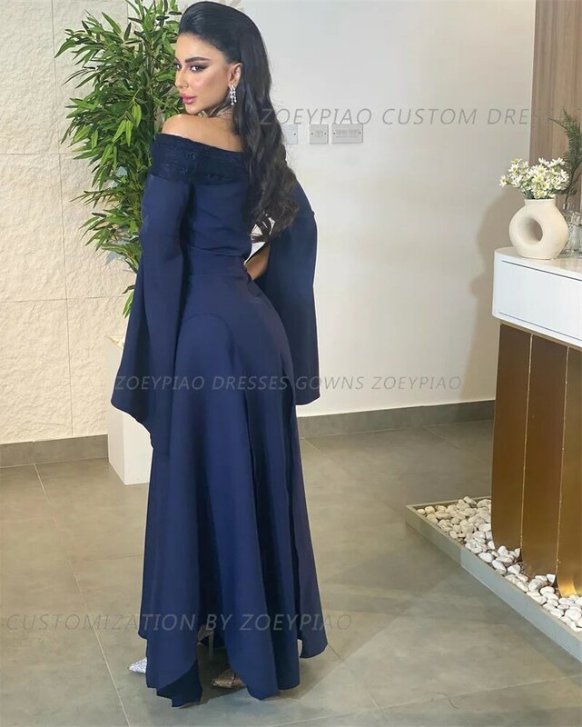 Vestido de noite fora do ombro feminino, vestido de baile, renda cetim, sem alças, plus size, formal, saudita, árabe, azul marinho, Dubai, 2024