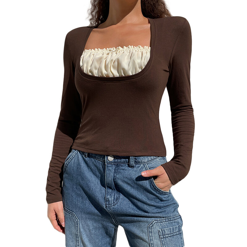 Camisetas lisas ajustadas con cuello en V profundo para mujer, Top de manga larga, moda informal con botones, Tops básicos de otoño y primavera