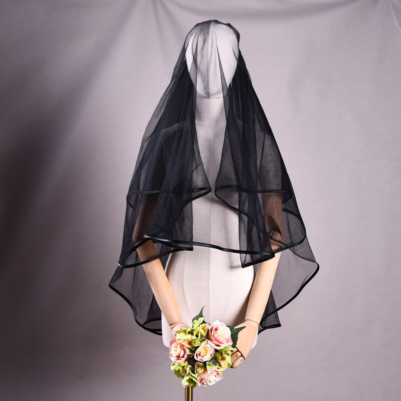YUEJI-velo de novia con borde de lápiz, accesorio de 2 capas, color negro, barato, 0214