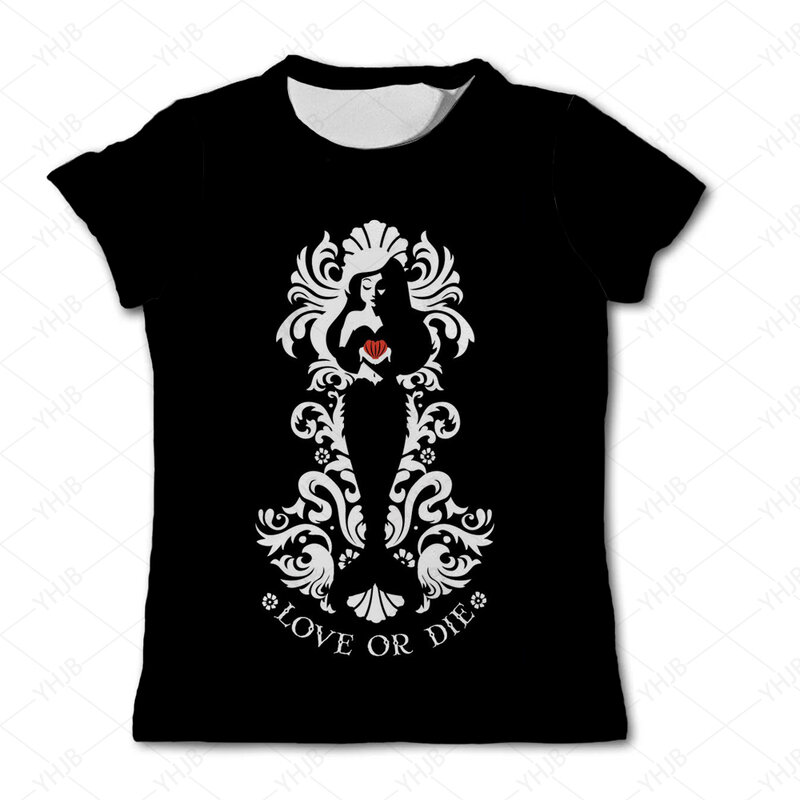 T-shirt de manga curta para meninas, impressão 3D, sereia, ariel, princesa, anime, casual, moda, verão, 2024