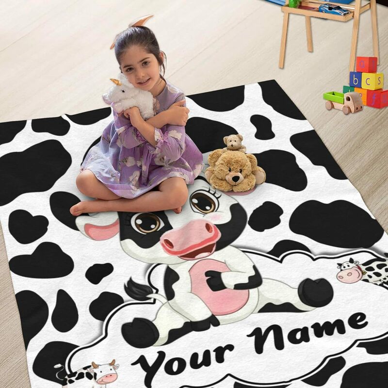 Personalized cow printed blanket with name, customized black and white cute cow printed sofa,Christmas and birthday gift blanket