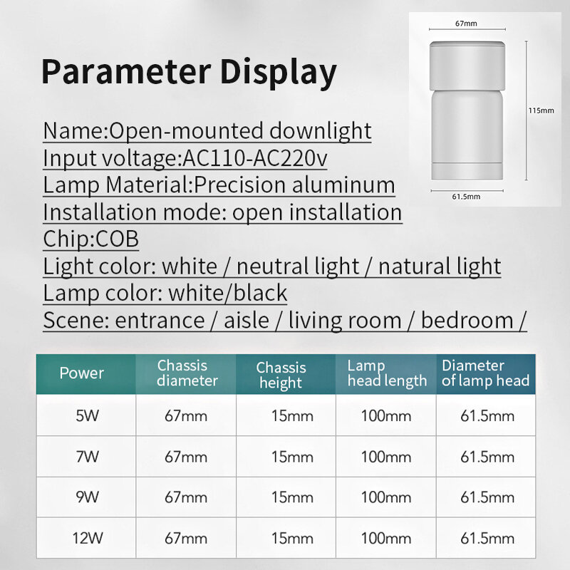 Lampu Sorot Kecil COB 7W Lampu Sorot LED Berputar Terpasang 360 ° Lampu Sorot Non-meninju Langit-langit Bulat Kepala Tunggal Putih