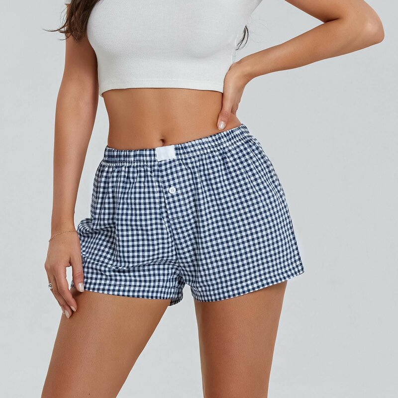 Summer Women’s Plaid Striped Print Lounge Shorts Button Front Shorts Outfits Aesthetic Casual Elastic Waist Short Pants
