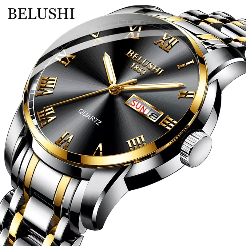 BELUSHI-Relógio Luminoso Impermeável Masculino de Aço Inoxidável, Relógio de Pulso de Quartzo Esportivo de Luxo, Marca Top