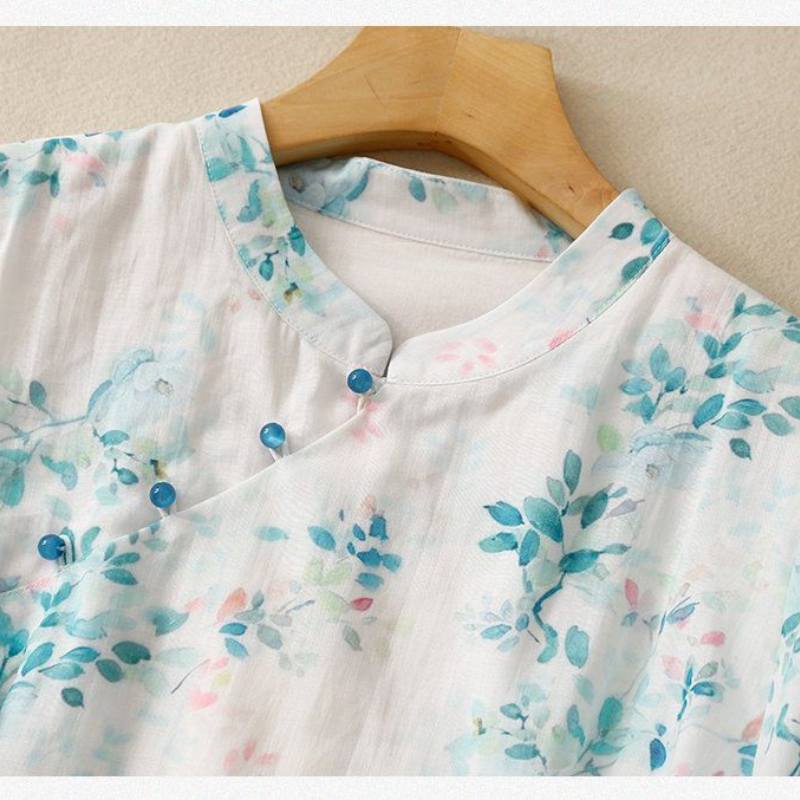 Blusa de estilo chino para mujer, camisa de media manga empalmada con botones, cuello levantado, informal, elegante y elegante, novedad de verano