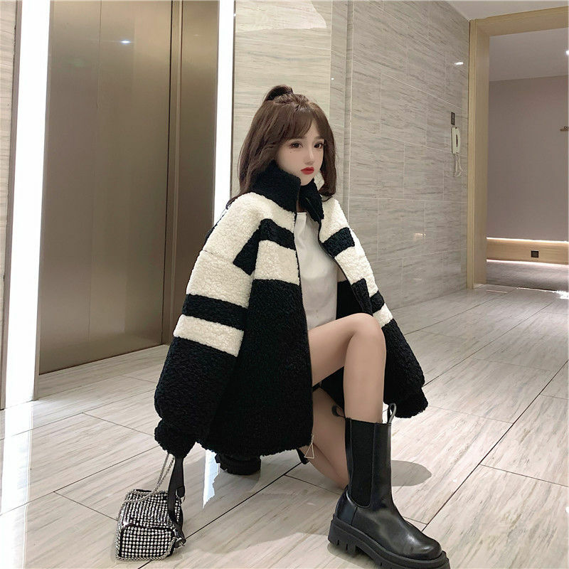 Imitation Lamb Wool Thickened Cotton-Padded Coat For Women 2024 Winter Loose Stand Collar Warm Cotton-Padded Coat