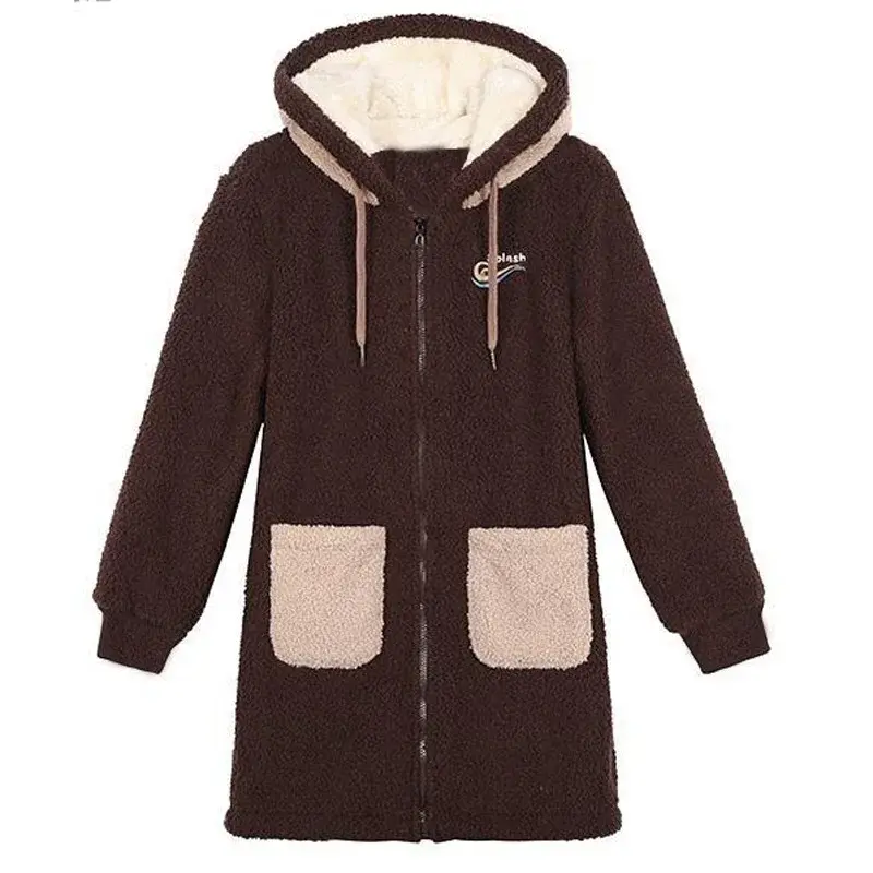 Casaco de veludo de cordeiro grosso com bolsos, casacos com capuz de comprimento médio, moletons quentes, casacos casuais, outono, inverno, novo