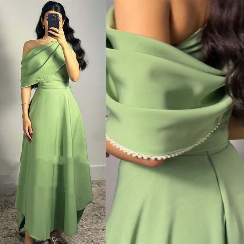 Sukienka na studniówkę Wieczorowa Arabia Saudyjska Jersey Pearl Zaręczyny Linia A Jedno ramię Suknia na okazję Midi es