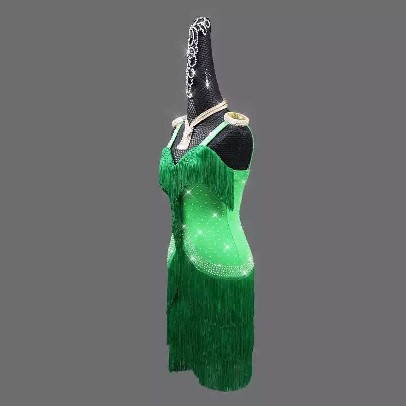 Zielona sukienka do tańca latynoskiego Sexy dla dorosłych występ na imprezie dla dzieci spódnice do ćwiczeń balowych strój na studniówkę damski kombinezon