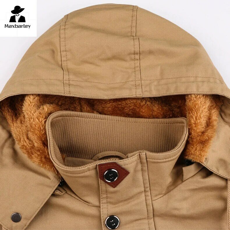 Winter Jacket Men's fleece-lined Thick Warm Windproof Hooded Zipper Mid-length Coat Casual Men's Parka Ski Shirt Multi-pocket