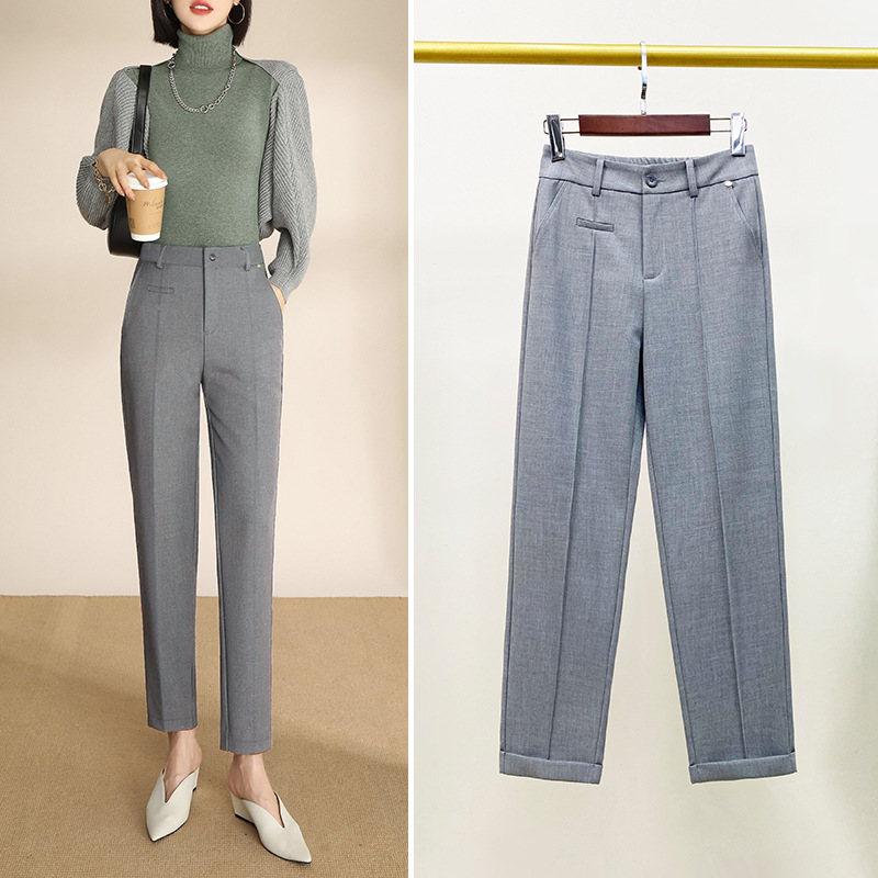 Gray Tailored Trousers Women Summer Pencil Pants New Commuting Professional OL Curling Cigarette Straight Leg High Waist Cropped